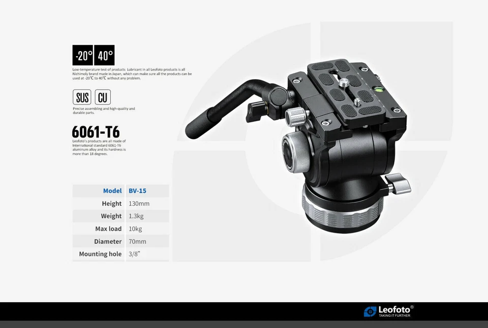 Leofoto BV-15 70mm Fluid Video Head with PU-100D 100x38mm QR Plate | Arca - Image 3 of 4