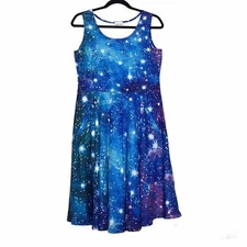 Cow Cow Womens Galaxy Print Fit & Flare Dress Size XL Blue Sleeveless Celestial