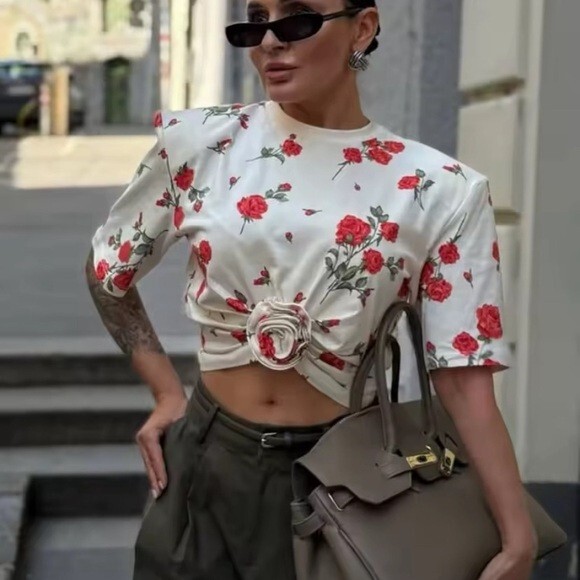 NWT H&M X Magda Butrym Patterned Cropped T-shirt w/ Rose