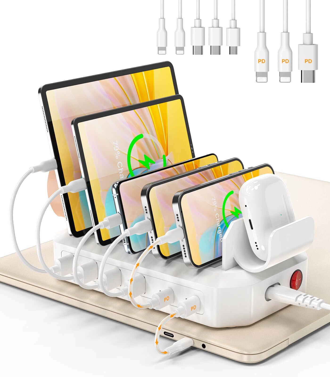 95W 6-Port USB Charging Station with 2 Fast PD USB-C Ports for Multiple Devices  