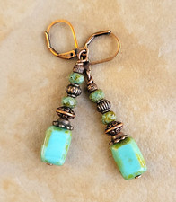 Green Blue Picasso Czech Copper Earrings Bras...