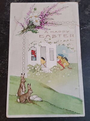 1900s A Happy Easter Chicken Hen Chicks In School Rabbit Eggs Flowers Postcard
