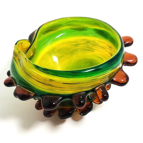 Vintage Murano (?) Glass Shell Bowl Green Yellow Swirls Knobby 4.5" x 8"