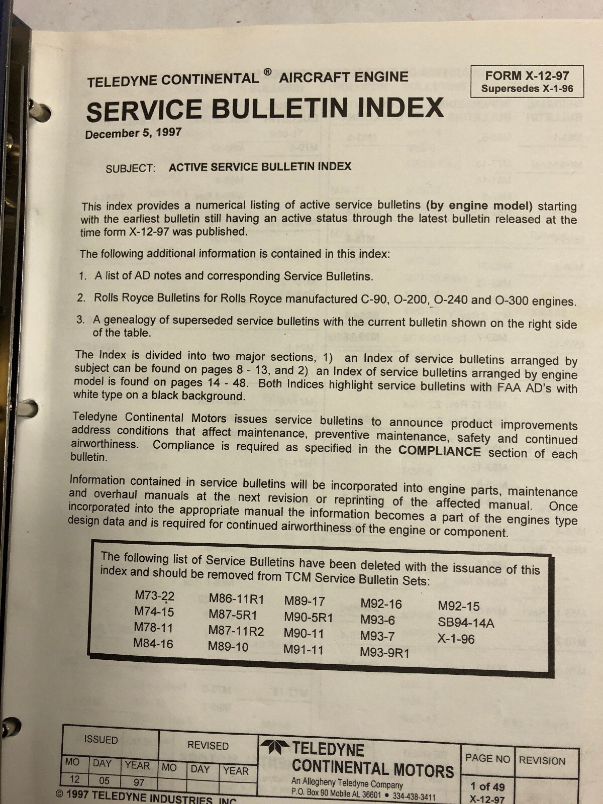 Teledyne Continental Service Bulletin Credence Letter and l Info
