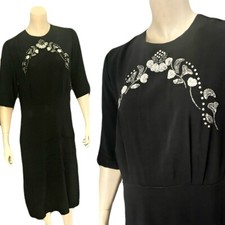 Large, Lovely 1940s Beaded Black Rayon Crepe Occasion Dress, 1/2 Sleeves, Exc.