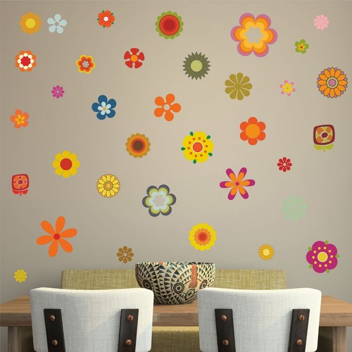 RETRO FLOWERS WALL STICKERS PACK 60s 70s vintage floral hippy decal art - Picture 2 of 3