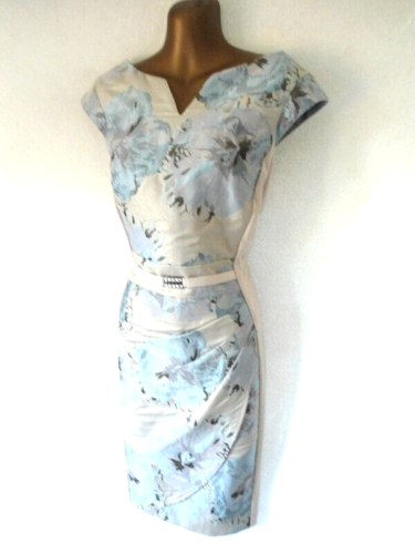 Joseph Ribkoff Pencil dress 12 blue & ecru belted notch neckline occasion (7727 - Picture 3 of 7