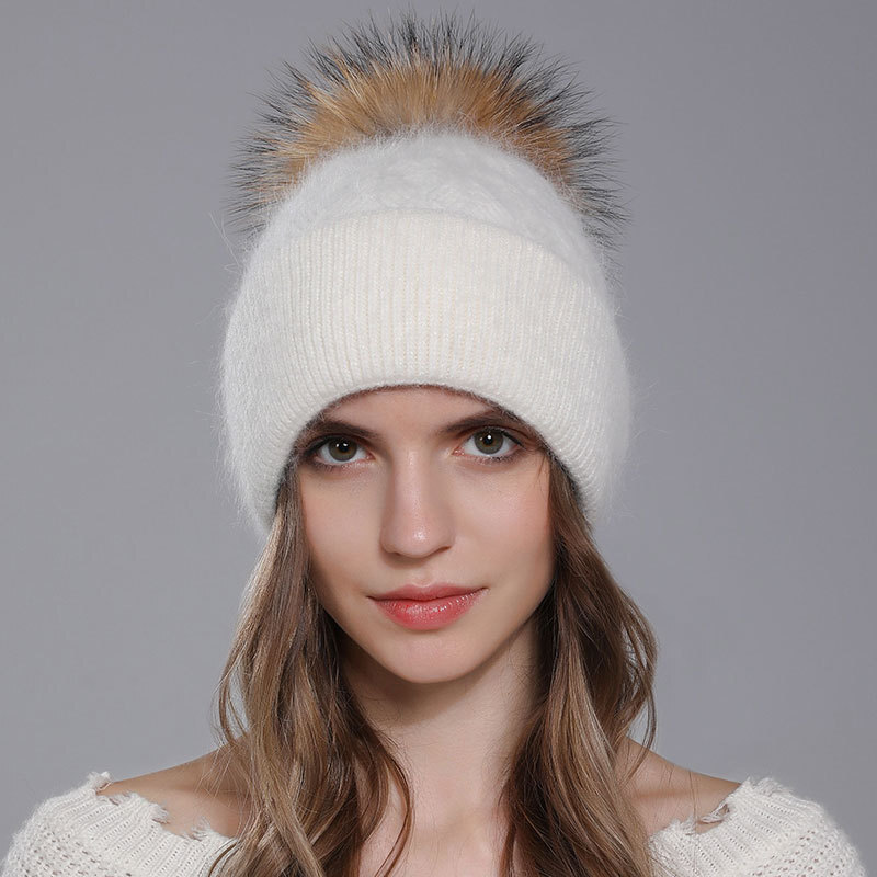 Women Winter Rabbit Fur Knitted Cap Raccoon Fur Pompom Ball  display picture 1