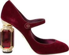 DOLCE & GABBANA Shoes Red Velvet Gold Crystals Heels Mary Janes EU40 / US9.5