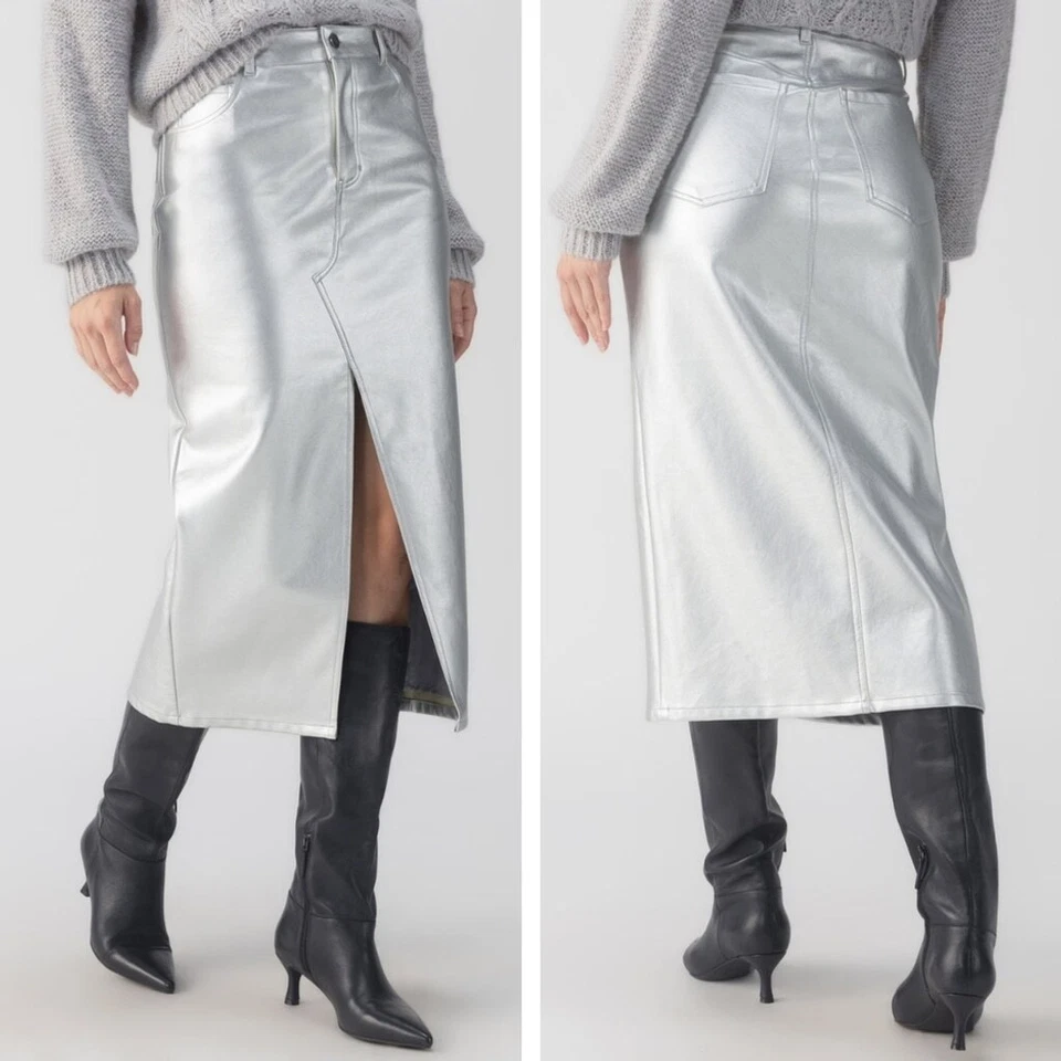 Sanctuary Cuero Como Midi Falda Metálica Plata Lápiz Mujer Talla 28 NUEVO NUEVO CON ETIQUETAS Foto 2 de 4