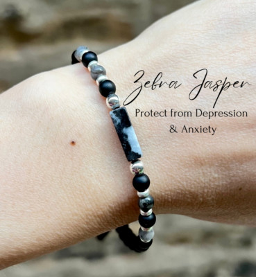 Black and White Stone Jasper Larvikite Onyx Bracelet Chakra Healing Protection