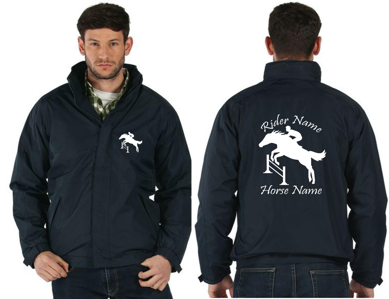 GIACCA CAVALLO PERSONALIZZATA DRESSAGE PONY JOCKEY CAVALIERE IMPERMEABILE CAPPOTTO REGALO NATALE