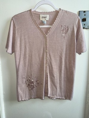 Vintage Jenny Pink Short Sleeve Cardigan L Embroidered Floral Cottagecore Y2K
