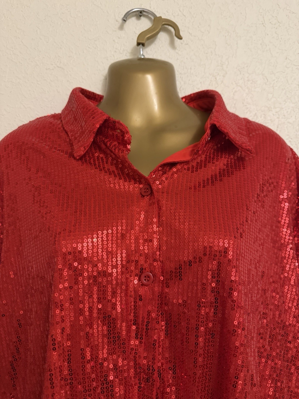 Vibrant Red Sequin Button Blouse Plus Size 4X Lon… - image 3