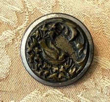 Antique Nesting Bird Picture Button Pressed Brass w Metal Ring & Back 1 5/16"