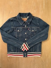 Levis Denim Jacket Womens Large Blue Trucker Striped Rib Trim Bomber Casual