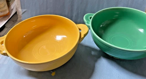 2 Fiesta cream soup bowls green and yellow  original old