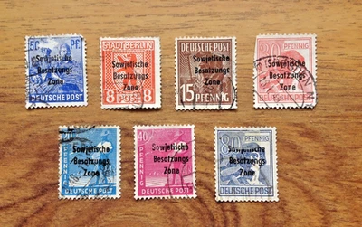 Germany Soviet Zone 1945–48 Overprints – 7 Used Stamps incl. Berlin 8pf . - Image 1 of 3