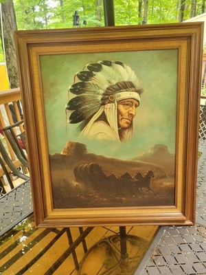 Large John Stanford Signed Framed Native American Chief - Oil Painting On Canvas