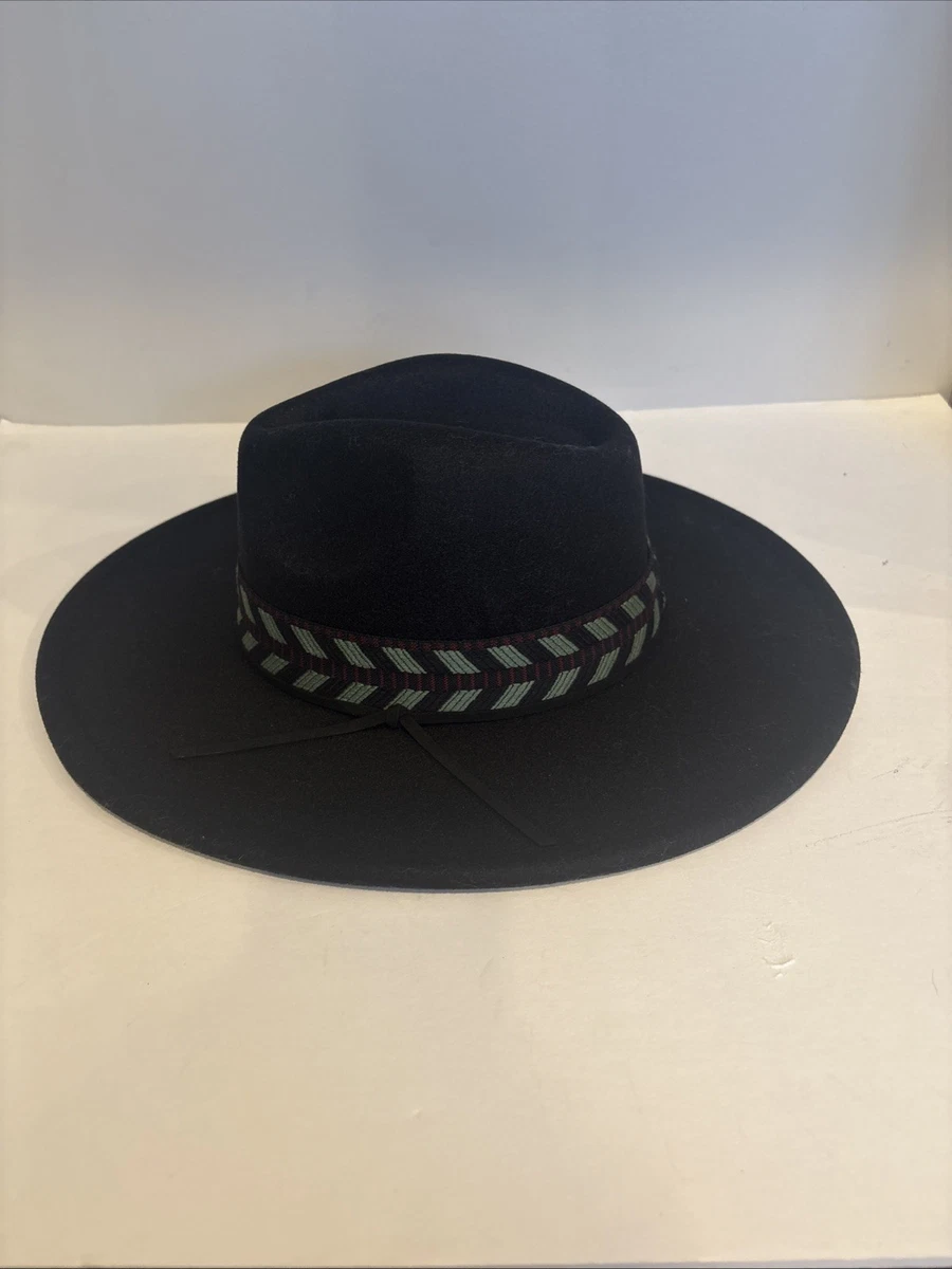 Free People Black Wide Brim Fedora Hat Woven Geometric Band Wool Blend OS‎ Free People Wades Black Wool Wide Brim Fedora Hat One Size  main image 4
