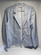 D  Co Women's Sz M Blue White Check Stretch 3 Button Up Jacket Blazer