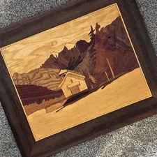 Marquetry Panel Mountain Cabin Scene Hand Crafted Folk Art Signed Vintage