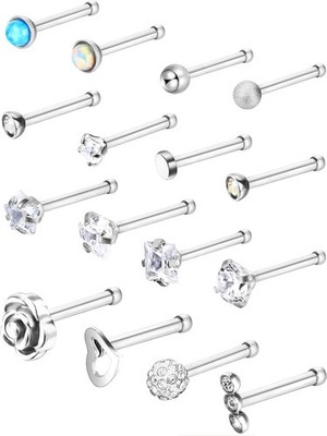 JOVITEC 16 Pcs Nose Rings Studs 20 G Stainless Steel Nose Bone Studs Rose Ball L