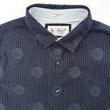 Original Penguin Button Up Men Large Navy Blue Heritage Slim Fit Polka Dot Short