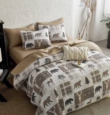 Rustic Cabin Quilt Set Queen Full 3pc Patchwork Bear Moose Deer Tan/Brown