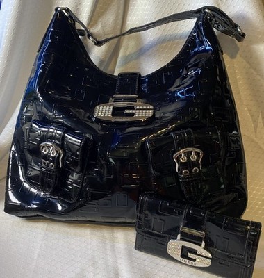 Vintage Y2K Guess Logo World Bag & Rhinestone Wallet Set RARE Black Patent