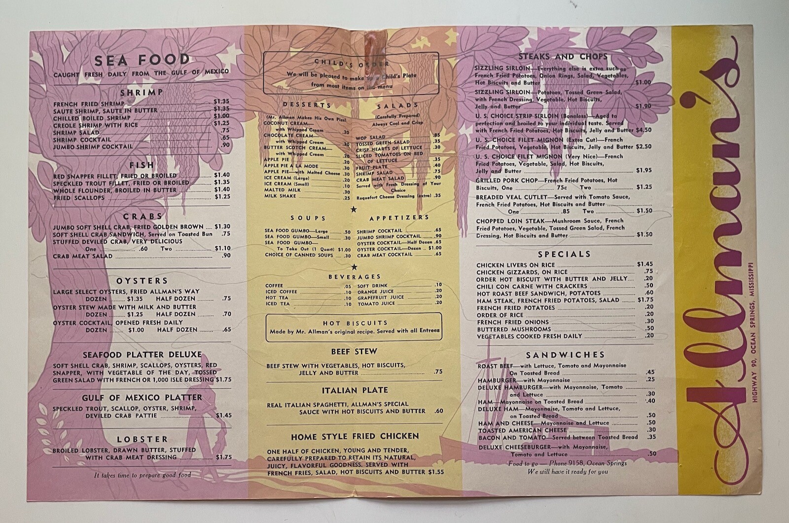 VTG Allman's Sizzlin' Sirloin Restaurant Menu Art Steakhouse Seafood