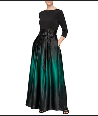 SLNY Women's Green Black Ombre Tie Waist Satin Skirt V-Back Gown 16 W NWT
