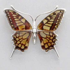 Carved Multi-Color BALTIC AMBER Butterfly Pendant 925 STERLING SILVER 3148L-e