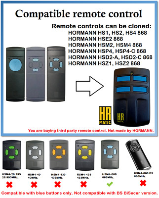 Remote control duplicator for HORMANN HS1, HS2, HS4 868 (Blue button only)