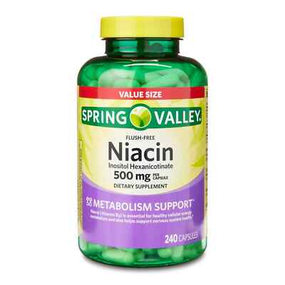 Spring Valley Flush Free Niacin 500 mg Capsules, Dietary Supplement, 240 Count