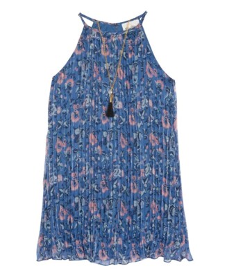 Rare Editions Blue Girls Pleated Floral Dress & Denim Vest, 2 Piece Set, US 12