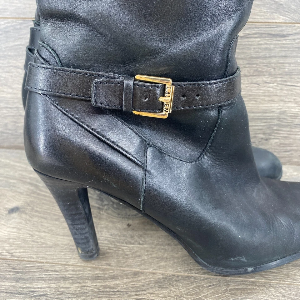 Ralph Lauren Knee High Leather Full Zipper Heel Boots Women's Size 8 Us Black - Image 4 of 4