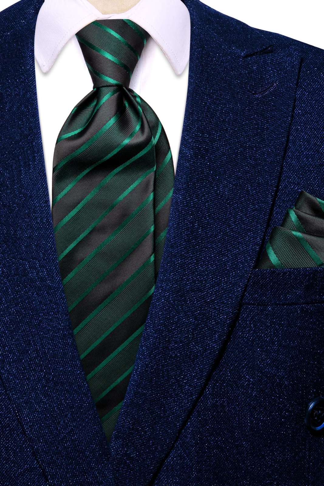 Black and Green Ties for Men 70'' Extra Long Silk Striped Men's Ties and Pock...