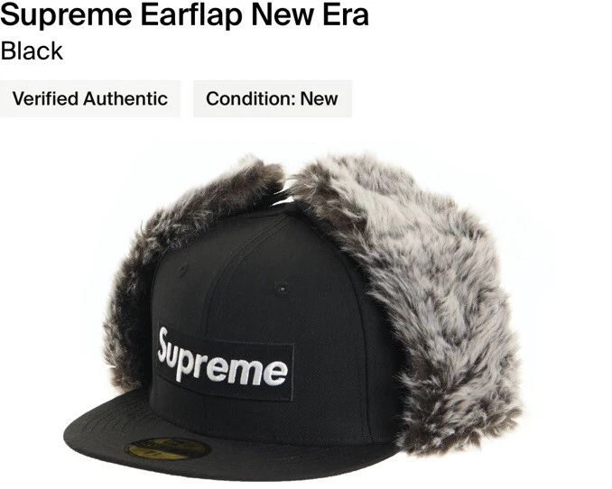 Chapeau logo boîte Supreme Earflap New Era ! Noir ! FW19 Taille 7 1/8 ! Neuf avec étiquette ! 100% authentique