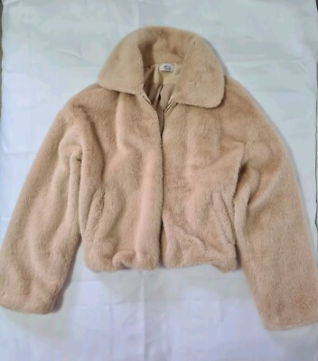Oh Polly Women Beige Brown Short Fur Jacket Coat Parka Size M