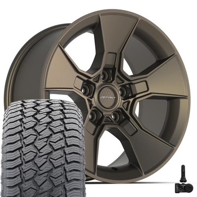 Defiant Wheels DF02 17X8 Bronze Wheels, 265/70R17 AT2 Tires & TPMS Set 5X127