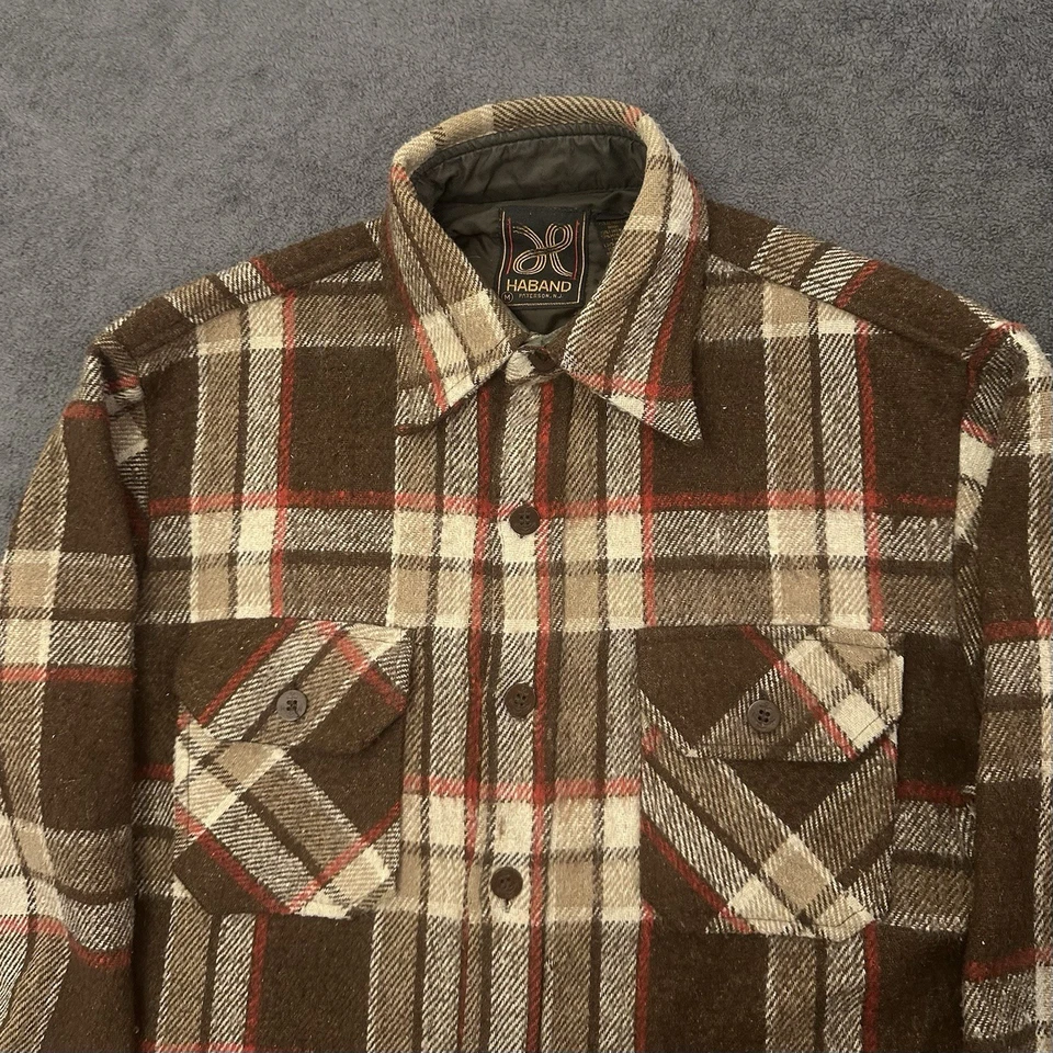 Vintage Haband Plaid Wool Shirt Button Up Size Medium Double Pocket Brown - Image 2 of 4
