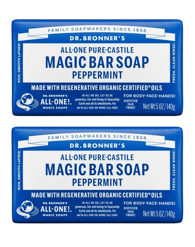 Dr. Bronner's Pure-Castile Bar Soap, Peppermint, 5 oz, 2-Pack for Men & Women