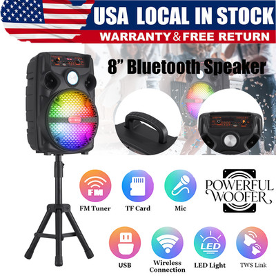 Portable 8'' Bluetooth Party Speaker Heavy Bass LED TWS AUX w/ Stand Mic Remote