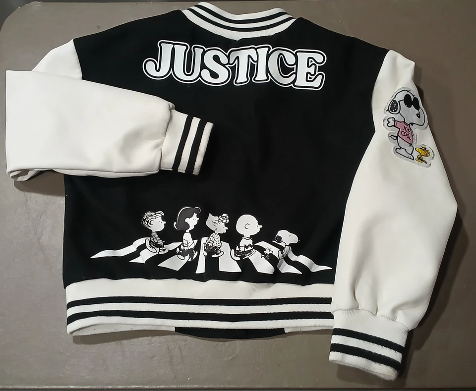 Chaqueta Peanuts Snoopy Bomber Letterman’s Niña Talla 5/6 Justice Negra Blanca XS Foto 3 de 4