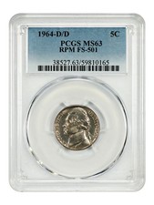 1964-D/D 5C PCGS MS63 (RPM, FS-501) - Jefferson Nickel