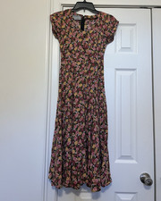 Vintage Women’s Floral V-Neck Short Sleeve Fit & Flare Midi XS cottagecore boho