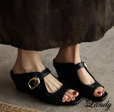 Summer New Real Leather Open Toe Sandals Womens Fashion Slippers Wedge Heels