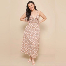 Lulus Floral Backless Strappy Maxi Dress Brown/Cream V-Neck Long XS