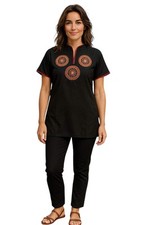 Black tunic with red trim short sleeves, embroidered, round neck, kurti, top.